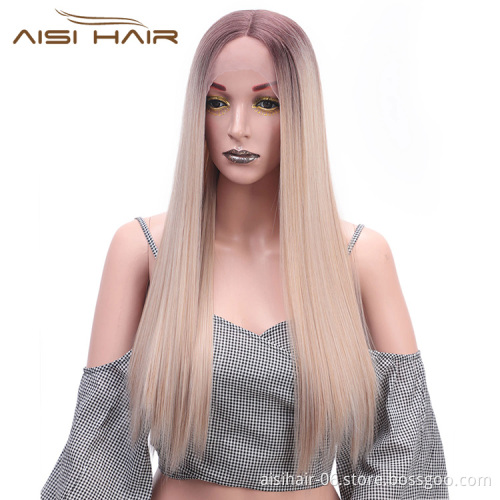 Aisi Hair Ombre Blonde Synthetic Lace Front Long Straight Wigs High Temperature Fiber Straight Lace Front Wigs